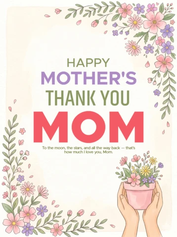 Floral Mother’s Day Card Design Template with Hand Holding Flower Pot