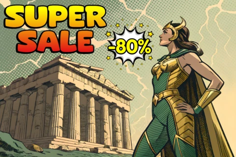 Szablon promocyjny super wyprzedaży w stylu komiksowym z bohaterem do ulotek