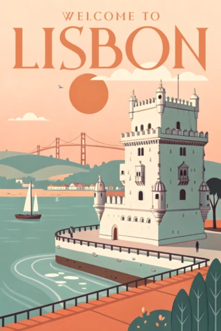 Lisbon Belem Tower Illustration for Retro Flat Travel Posters Template