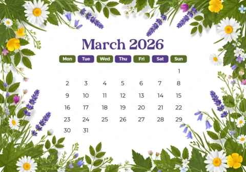 Spring Decorative March 2026 Calendar Poster with Daisies, Lavender, and Festive Theme