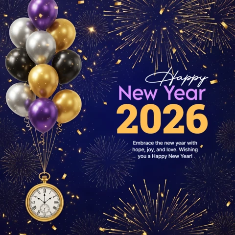 New Year Celebration Design Template with Balloons and Clock for Greeting Cards