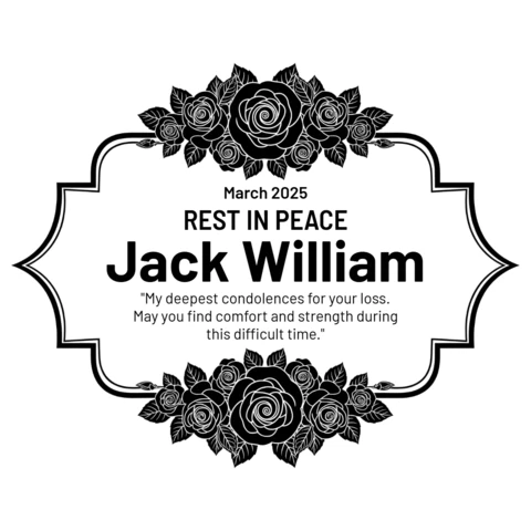 Repose en paix élégant poster funéraire noir avec des roses décoratives et un modèle de texte de condoléances.