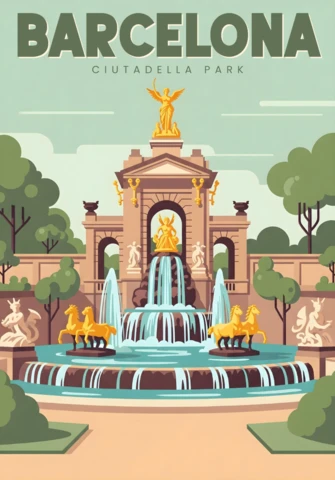Cascada Monumental Fountain in Ciutadella Park BarcelonaTravel Posters Design Template