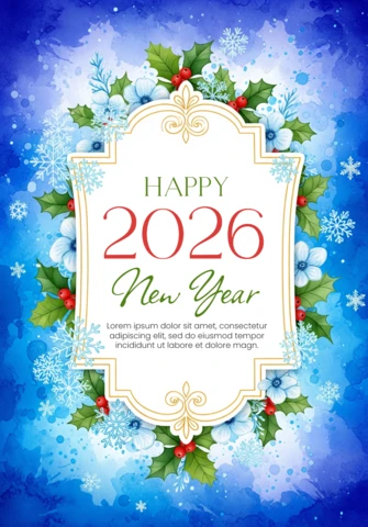 Watercolor Happy New Year 2026 Card Blue Background with Snowflakes, Holly Leaves, and Gold Frame