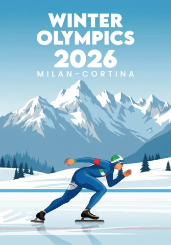 Poster delle Olimpiadi invernali 2026, pattinatore di velocità, montagne innevate e spirito olimpico di Milano-Cortina