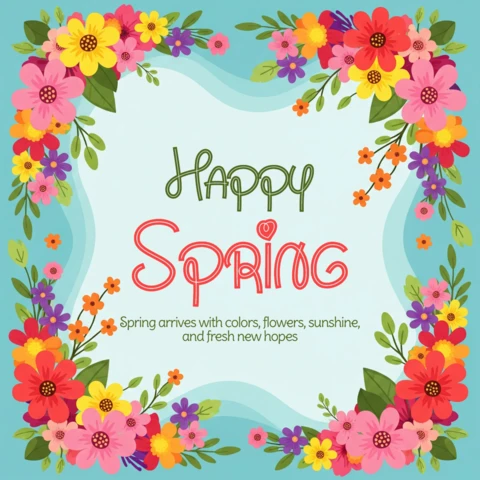 Cartel de saludo de primavera estacional - flores y hojas coloridas que destacan la renovación y la luz del sol.