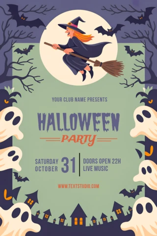 Plantilla de volante para fiesta de Halloween caprichosa con diseño de bruja