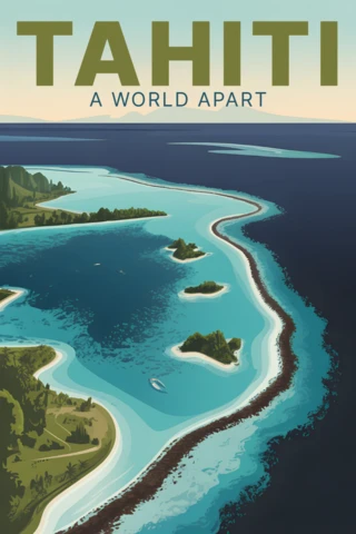 Tahiti Beautiful Lagoon Illustration for Retro Flat Travel Posters