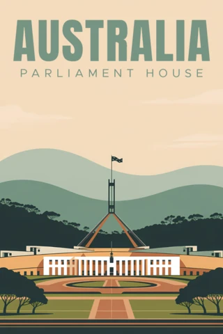 Modelo de design vintage da casa do parlamento da Austrália para pôsteres