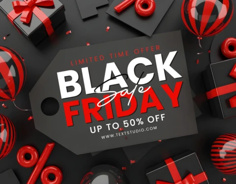 Affiche du Black Friday avec une étiquette de prix centrale noire, des boîtes cadeaux rouges et noires et un design de ballons rayés pour la promotion.