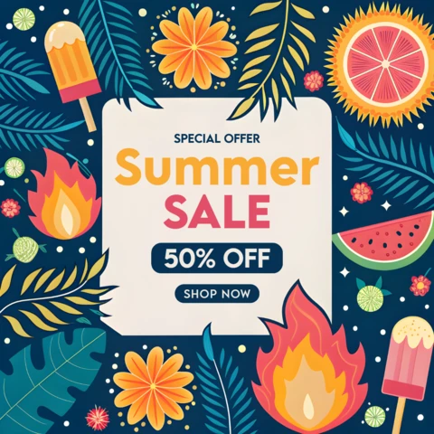 Vibrant Summer Sale Design Template with Tropical Elements and Doodles