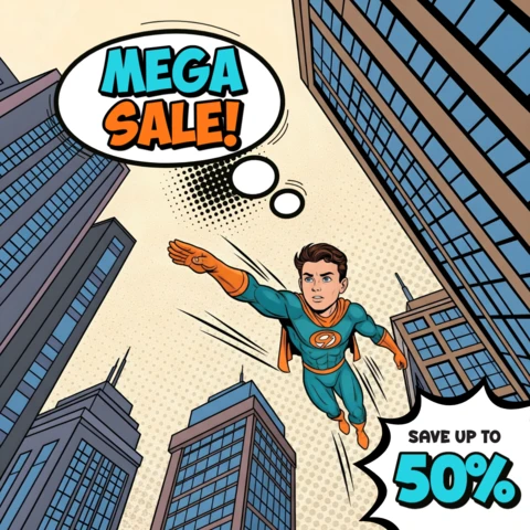 Mega venda de super-heróis estilo quadrinhos, herói voador com design de traje em teal-laranja, modelo para folhetos promocionais.