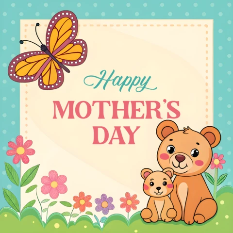 Happy Mother's Day Cute Cartoon Design Template with Bears and Flowers