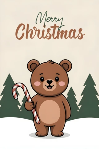 Merry Christmas Greeting Card Festive Bear Illustration with Candy Cane and Winter Forest Setting Design Template