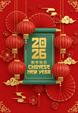 Carte de vœux pour le Nouvel An chinois 2026 avec un thème rouge orné de lanternes, de motifs floraux et d'un centre décoratif enroulé.