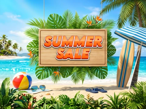 Bannière publicitaire de soldes d'été avec paysage de plage tropicale et panneau en bois