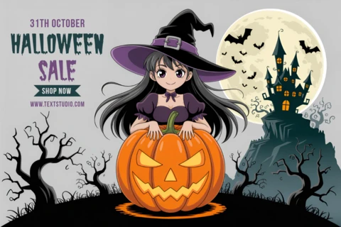 Plantilla de diseño de venta de Halloween caprichosa con una linda bruja y una calabaza para volantes promocionales.