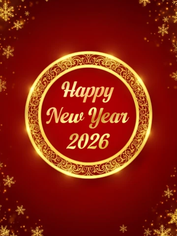 Elegante Neujahr 2026 Grußkarten-Vorlage mit goldenen Schneeflocken