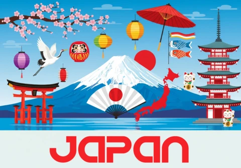 Japan Kulturplakat Mount Fuji, Torii-Tor, Kirschblüten, Koi-Fische und Tokyo Tower in lebhaftem Szenario