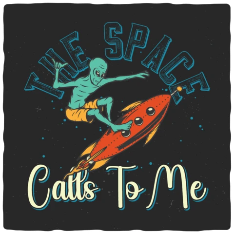 Alien Surfing On Rocket Vintage T-shirt Design Template