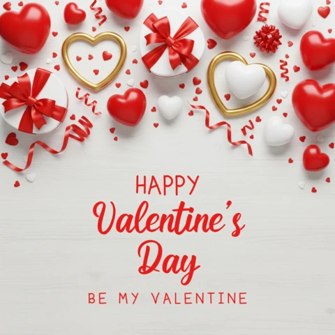 Sfondo di San Valentino con regali a nastro rosso, palloncini a forma di cuore e texture di legno bianco per un saluto romantico.