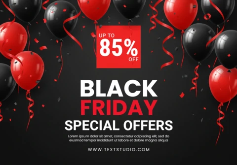 Affiche marketing Black Friday à fort impact, fond sombre avec un groupe de ballons et un modèle de vente spéciale pour promotion.