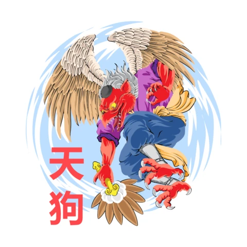Tengu Spirit Mythical Winged Yokai in Bold Japanese Streetwear Art T-Shirt Design Template