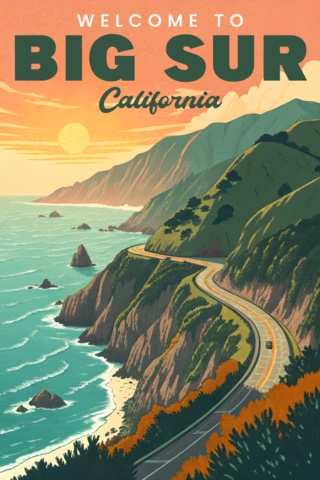 Modelo de design de paisagem vintage de Big Sur, Califórnia, para pôsteres de viagem.