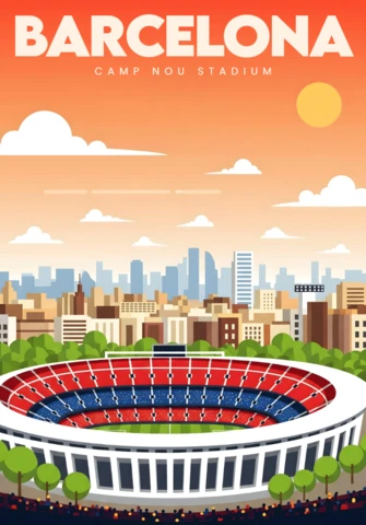 Illustration du stade Camp Nou au coucher du soleil, modèle de design d'affiches de voyage à Barcelone.
