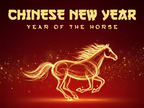 Sjabloon voor een feestelijke groetkaart met een Chinees nieuwjaar paard ontwerp