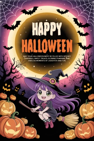 Whimsical Halloween Design Template with Witch and Pumpkins for Greeting Cards