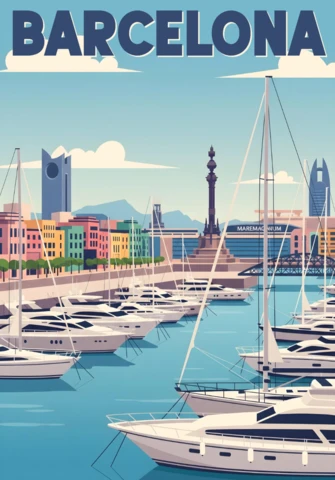 Marina View with Sailboats & Columbus Monument Barcelona Travel Posters Design Template