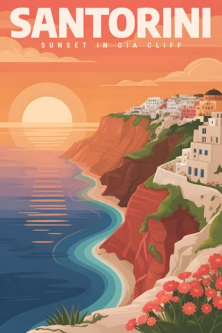 Atardecer en Oia con cúpulas azules en los acantilados y vista al mar, plantilla de diseño de carteles de viaje a Santorini.