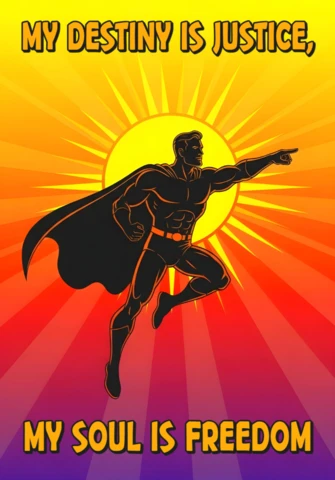 Destiny Is Justice Superhero in Front of Radiant Sun Poster Design Template