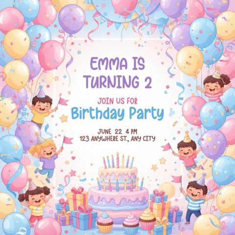 Convite de festa de aniversário poster celebração de aniversário com balões, bolo, cupcakes e tema de festa festiva