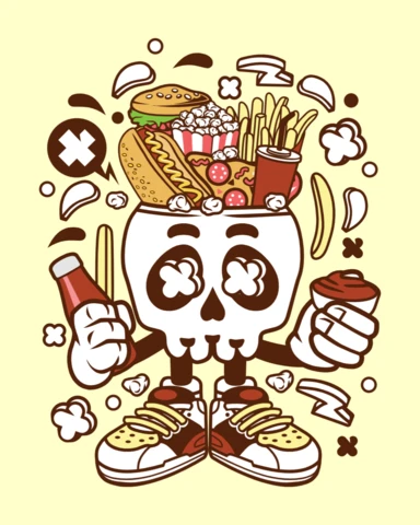 Cibo spazzatura teschio personaggio dei cartoni animati modello di poster design