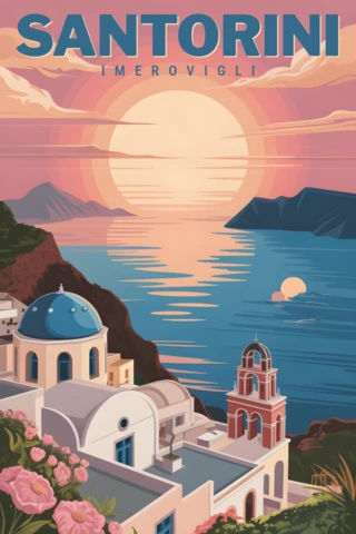 Imerovigli köyü, gün batımı gökyüzü ve mavi kubbeler, Santorini seyahat posterleri tasarım şablonu