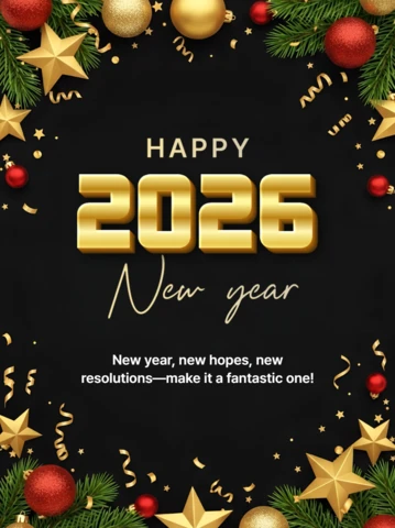 Plantilla de celebración de Año Nuevo con diseño dorado 2026 para tarjetas de felicitación festivas.