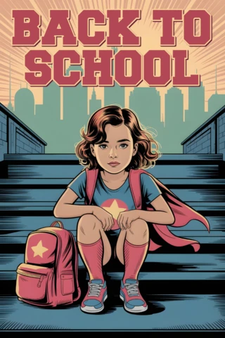 Back to School Superhero Student Sitting On Steps with Star Emblem and City Background Poster Design Template