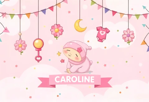 Adorable plantilla temática para la decoración de la habitación del bebé niña con banderines en tonos pastel y detalles florales