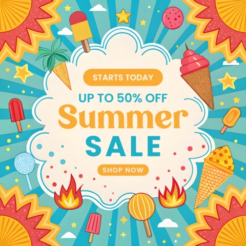 Diseño de plantilla de venta de verano colorido con divert gráficos de helados.