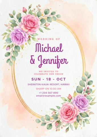 Elegant Watercolor Floral Wedding Invitation Card Template with Gold Oval Frame and Soft Rose Bouquet