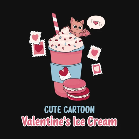 Kawaii Bat And Ice Cream Valentine's T-Shirt Design Template