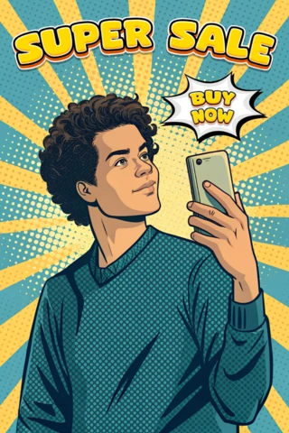 Pop Art Sale Template with Smartphone Illustration for Promotional Flyers