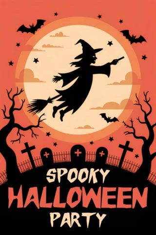 Spooky Halloween-feestontwerpsjabloon met heks en vleermuizen voor evenementflyers