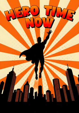 Tempo dell'eroe ora volando silhouette con esplosione di fumetti radiante e modello di design poster con skyline della città