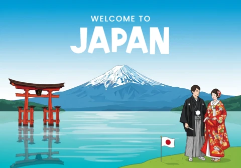 Decoración patrimonial de Japón, vestimenta tradicional, puerta torii y sakura en un fondo montañoso escénico.