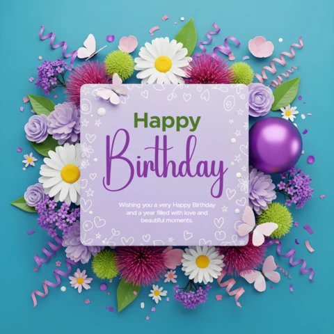 Floral Birthday Card Design Template with Purple Accents for Celebratory Use