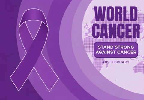 World Cancer Awareness Template with Purple Ribbon Design for Posters