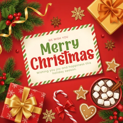 Christmas Greeting Card Gingerbread Cookies and Hot Chocolate with Garland Framing Joyful Holiday Message Design Template